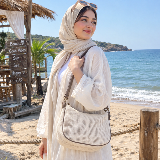 کیف زنانه کنفی با بند چرمی